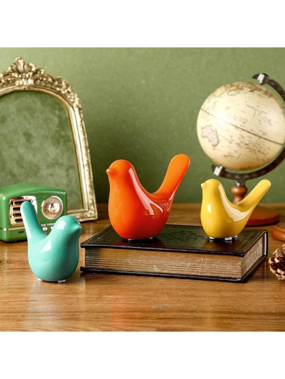 3pcs Mid Century Modern Ceramic Birds Decor - Vibrant Orange, Blue & Yellow for
